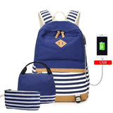 la Boutique du sac a dos Sac À Dos 3 Bleu Sacs d'école pour filles mode rayé USB charge