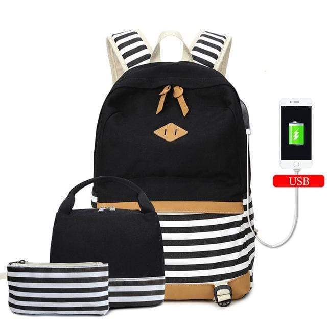 la Boutique du sac a dos Sac À Dos 3 Noir Sacs d'école pour filles mode rayé USB charge