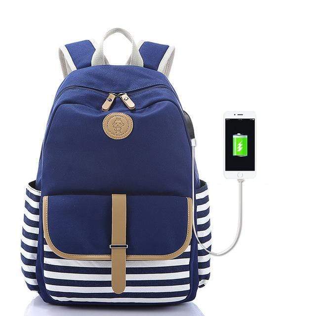 la Boutique du sac a dos Sac À Dos Bleu-USB Sac D'école Rayures Élégant Toile USB Charge