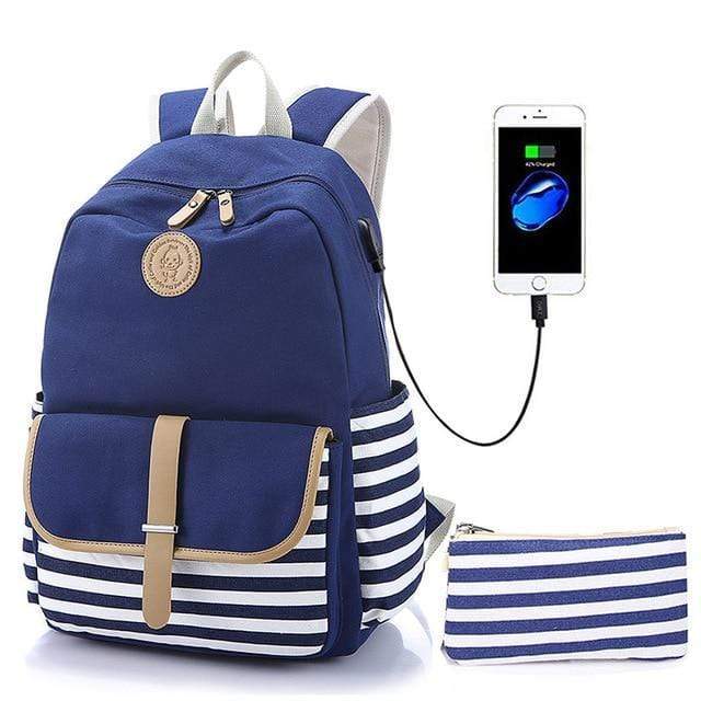 la Boutique du sac a dos Sac À Dos Bleu-USB -trousse Sac D'école Rayures Élégant Toile USB Charge