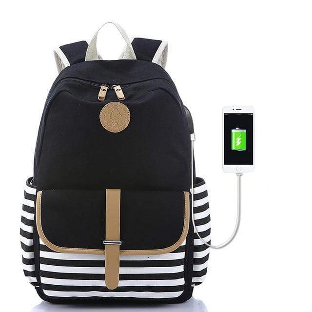 la Boutique du sac a dos Sac À Dos Noir-USB Sac D'école Rayures Élégant Toile USB Charge