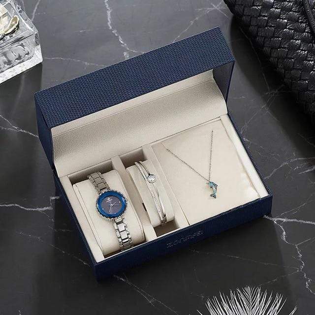 Montre femme Ensemble bijoux Femme Argenté Ensemble de montre diamant Bracelet mignon dauphin collier cadeaux de dame