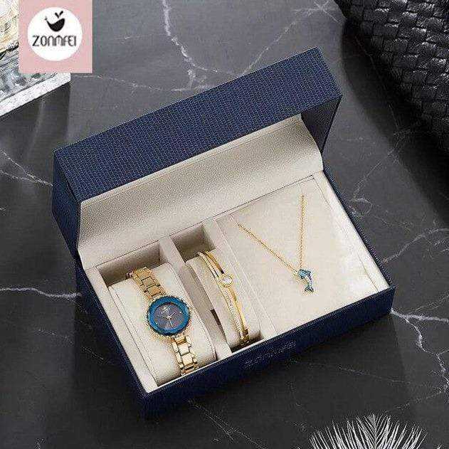 Montre femme Ensemble bijoux Femme Or Ensemble de montre diamant Bracelet mignon dauphin collier cadeaux de dame
