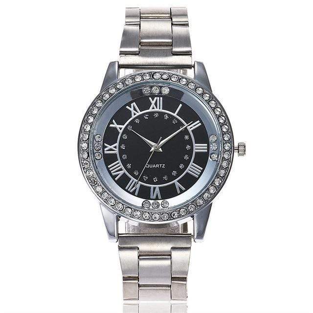 montre pour femme acier inoxydable silver black Montre strass luxe en acier inoxydable