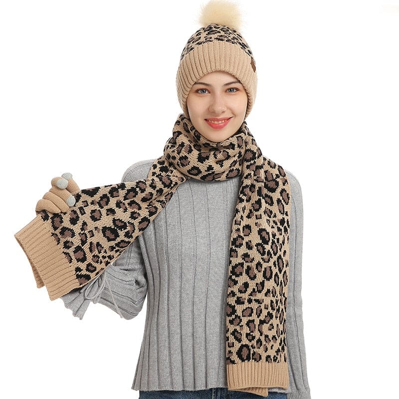 Multi-tendance Ensemble Bonnet gants et écharpe imprimé léopard