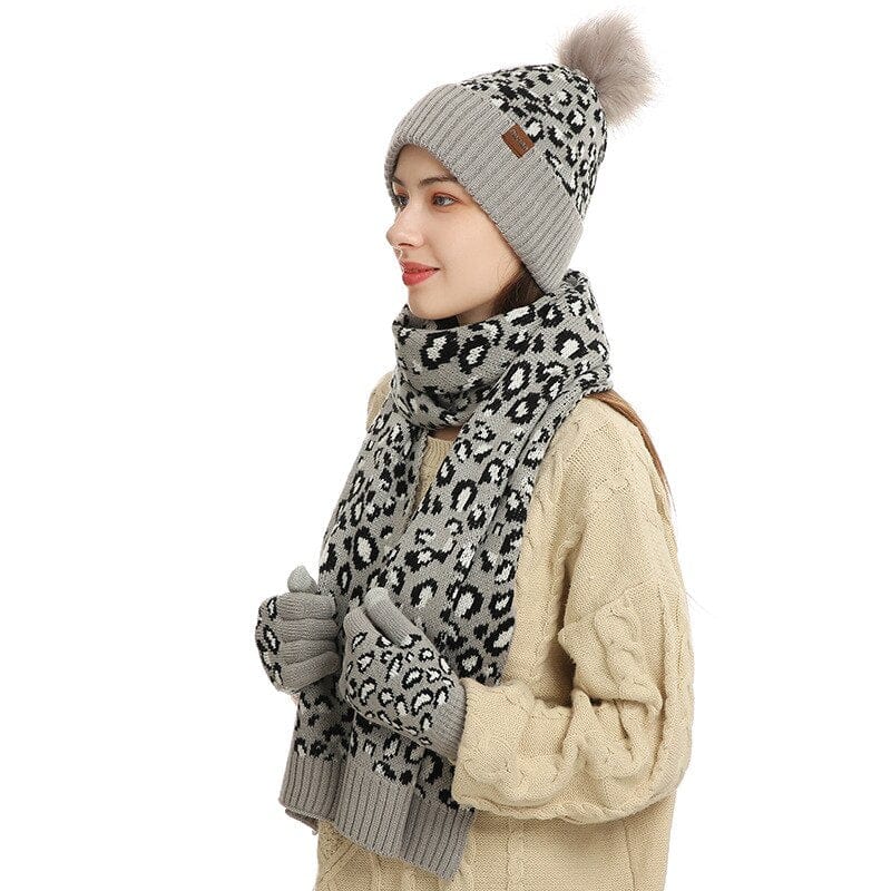 Multi-tendance Gris clair Ensemble Bonnet gants et écharpe imprimé léopard