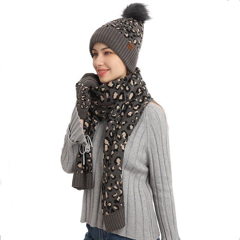 Multi-tendance Gris foncè Ensemble Bonnet gants et écharpe imprimé léopard