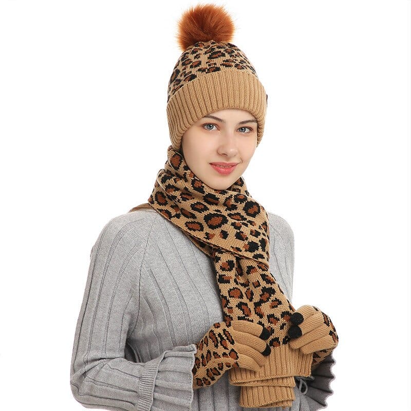 Multi-tendance Khaki Ensemble Bonnet gants et écharpe imprimé léopard