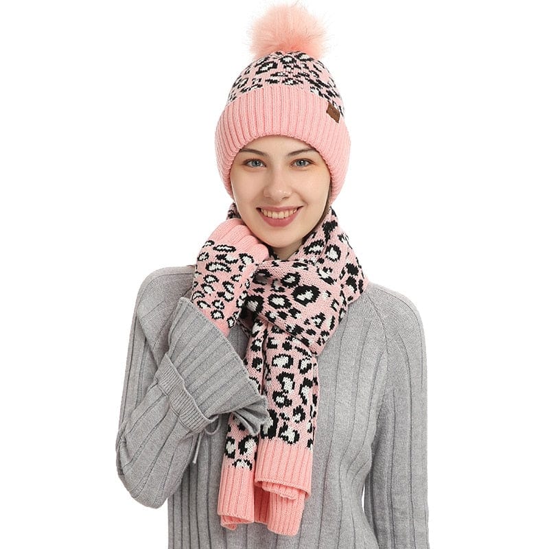 Multi-tendance Rose Ensemble Bonnet gants et écharpe imprimé léopard