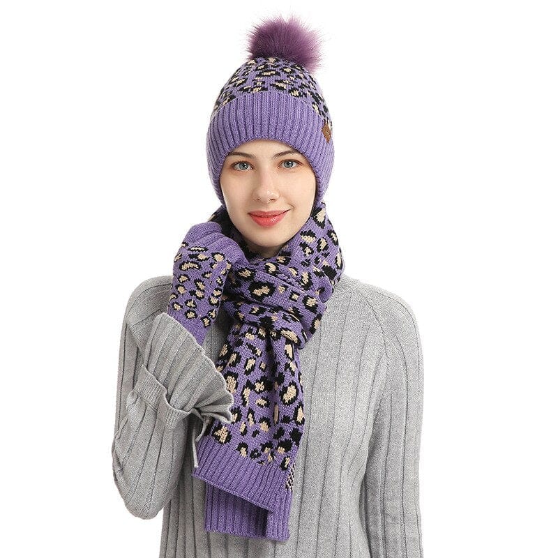 Multi-tendance Violet Ensemble Bonnet gants et écharpe imprimé léopard