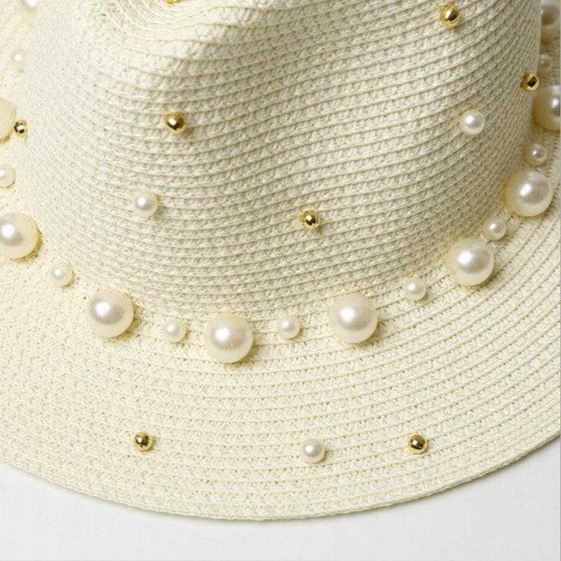 Chapeau de paille à bords plats style britannique perle