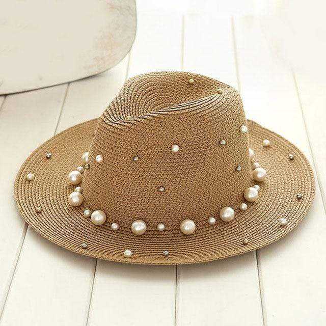 Chapeau de paille à bords plats style britannique perle