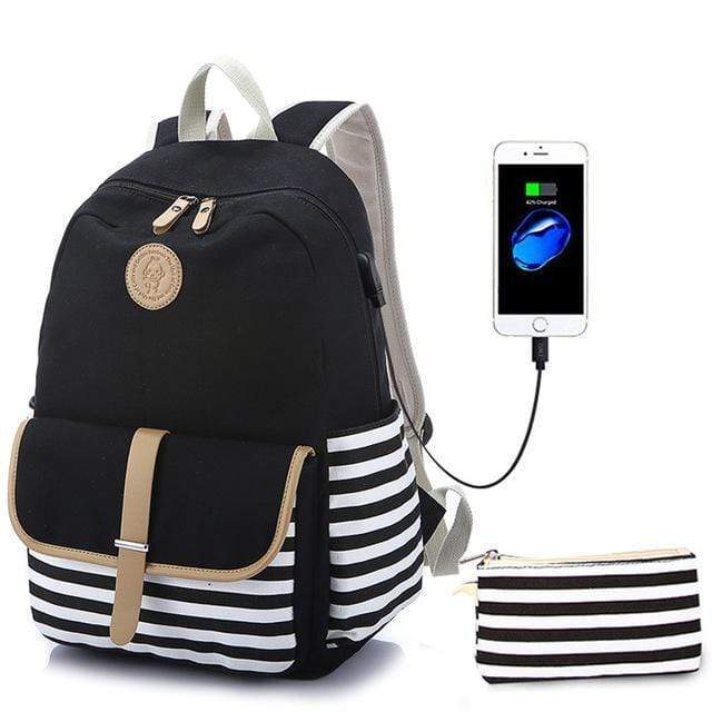 la Boutique du sac a dos Sac À Dos Noir-USB-trousse Sac D'école Rayures Élégant Toile USB Charge